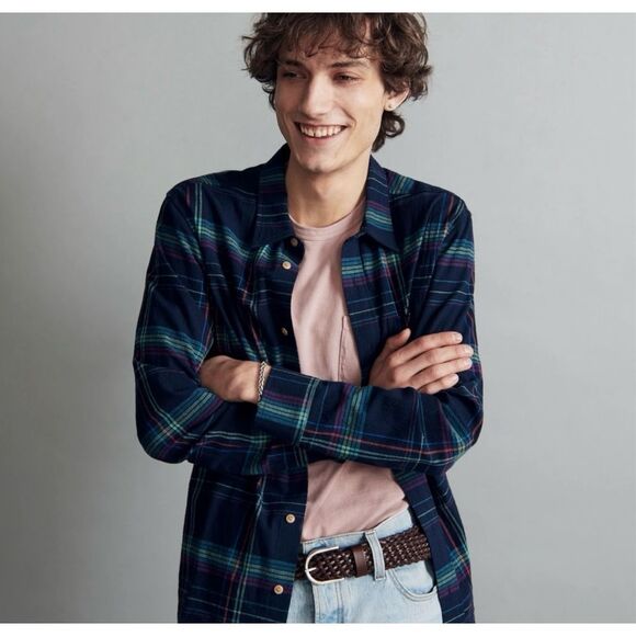 ✨Madewell Men’s Crinkle Cotton Perfect Long-Sleeve Juniper Berry Sz Small Shirt✨ - Picture 1 of 11